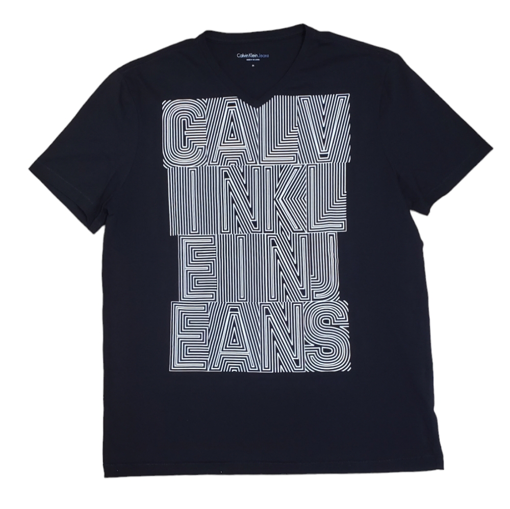 Calvin Klein Jeans Men's T Shirt Short Sleeve V Neck Black Logo White Size M